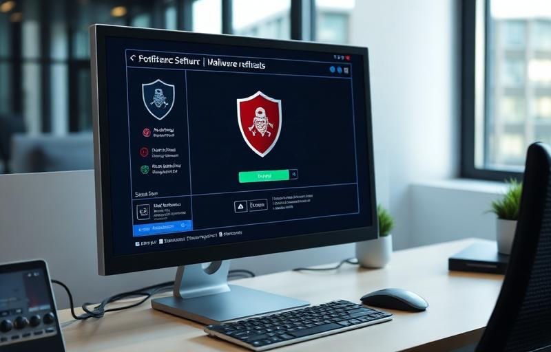 Tela de computador mostrando software antivírus removendo malware e ameaças de segurança