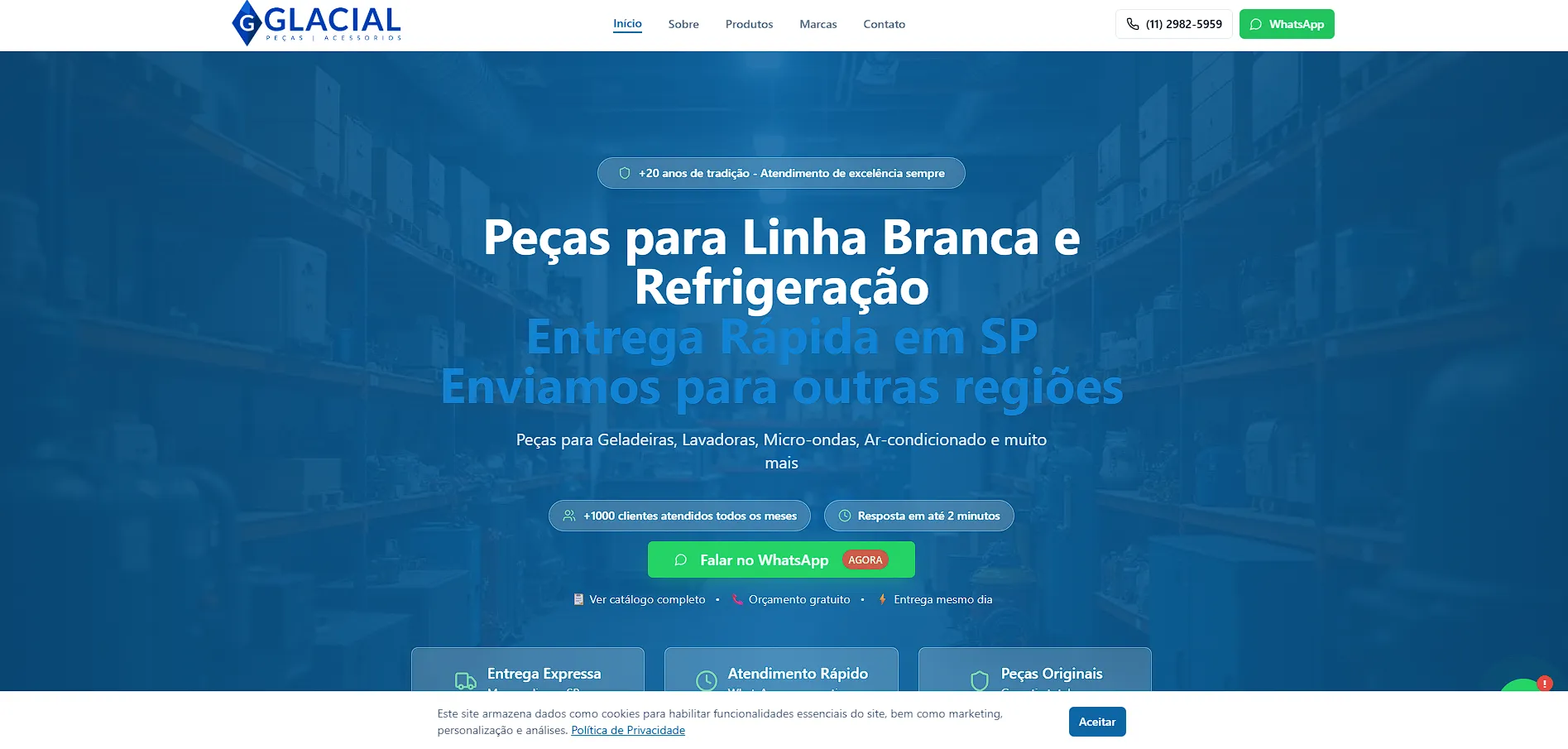 Projeto Glacial Peças e Acessórios - Site Institucional desenvolvido pela UTI da Informática