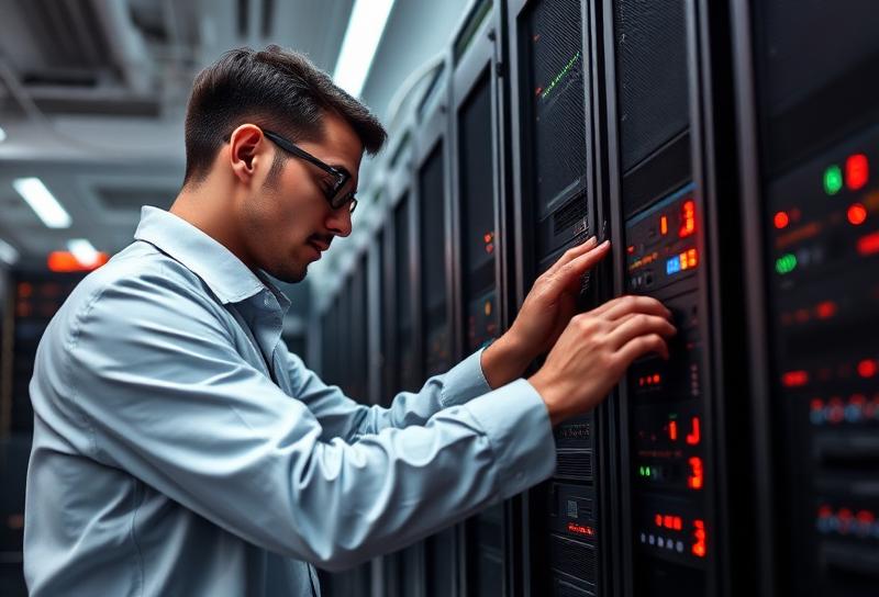 Técnico resolvendo problema em servidor crítico em datacenter de São Paulo