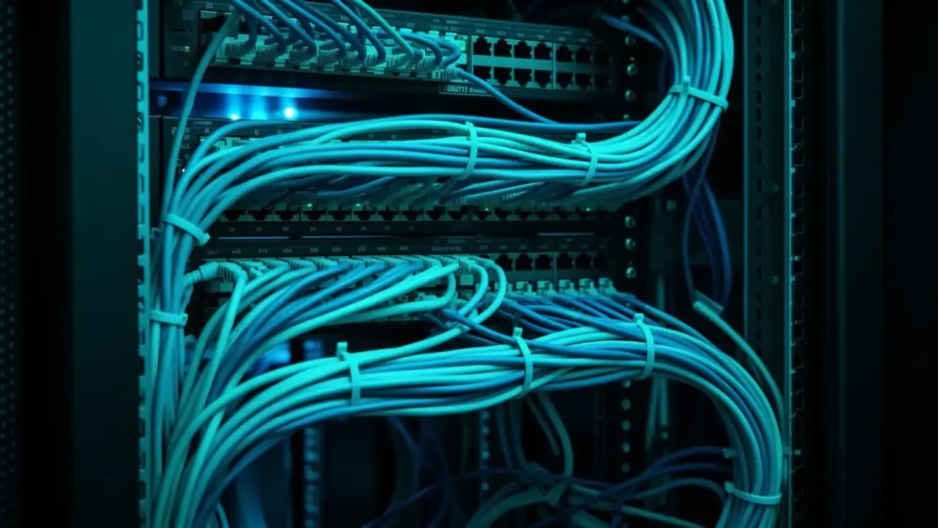 Instalação de cabeamento estruturado Cat6 em rack de rede organizado