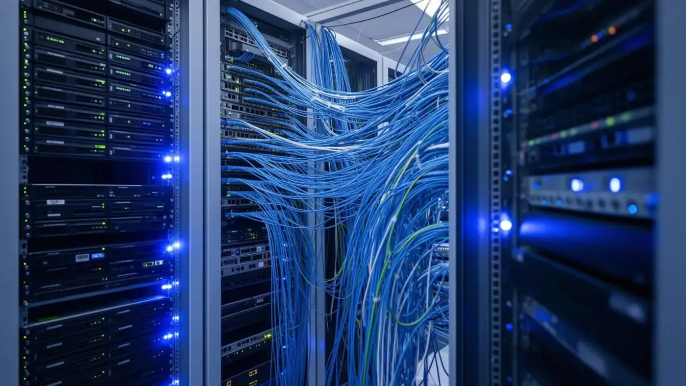 Data center com servidores e infraestrutura de rede