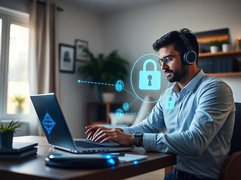 Colaborador trabalhando remotamente com VPN segura