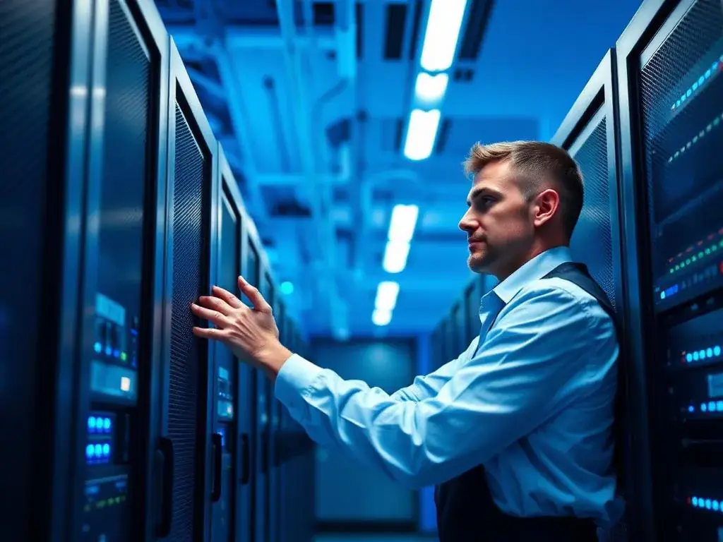 Técnico administrando servidores em data center corporativo