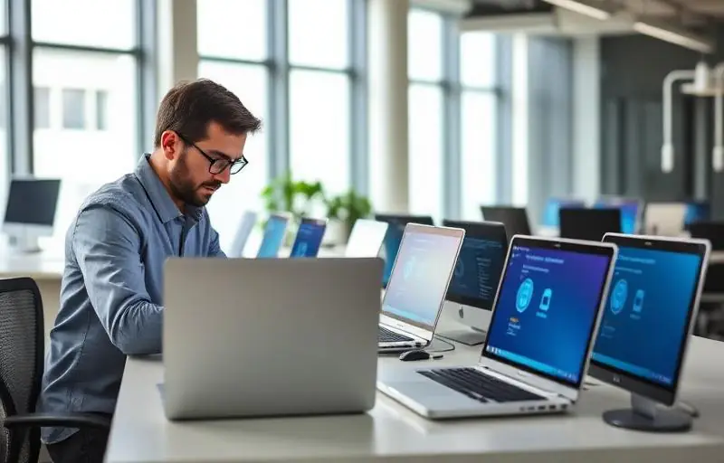 Técnico configurando proteção endpoint em notebooks empresariais em São Paulo