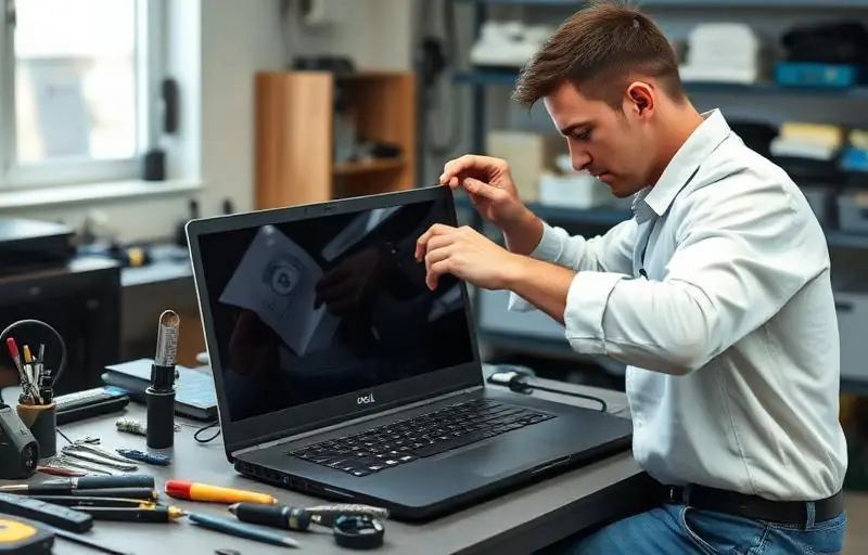 Técnico fazendo troca de tela de notebook Dell em bancada de trabalho