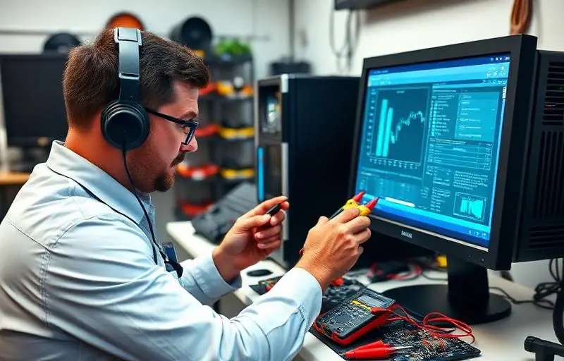 Técnico especializado realizando diagnóstico de hardware em computador com multímetro e ferramentas profissionais