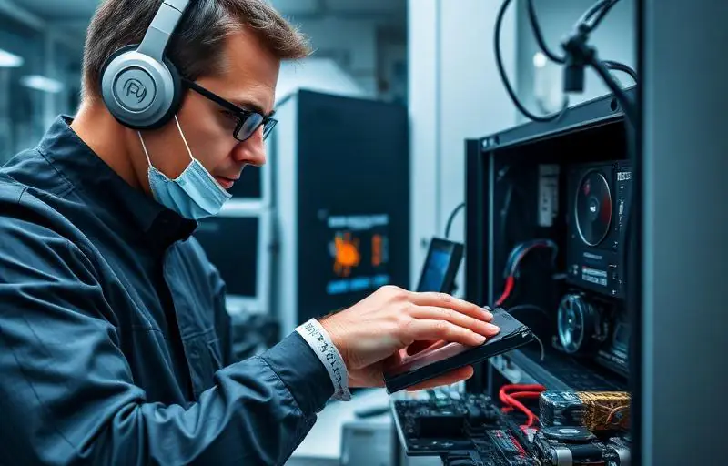 Técnico realizando recuperação de dados de HD danificado em laboratório de informática