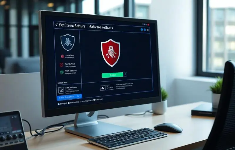 Tela de computador mostrando software antivírus removendo malware e ameaças de segurança