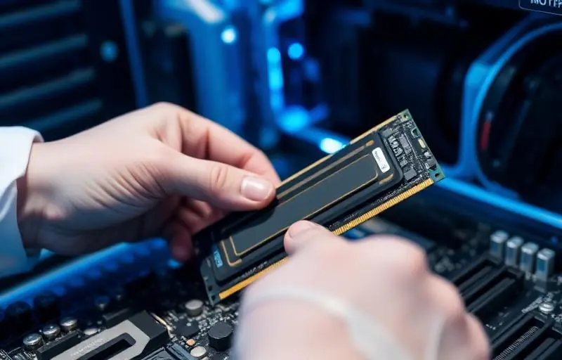 Técnico instalando módulo de memória RAM em placa-mãe de computador