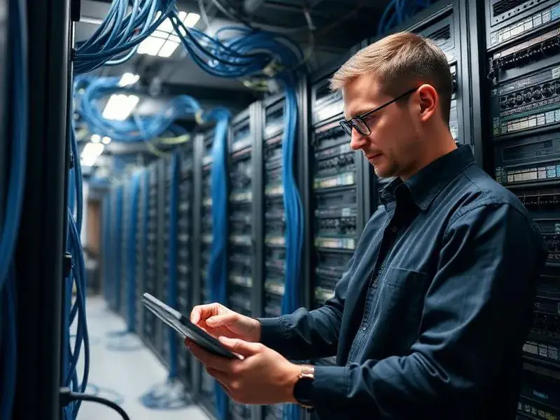 Técnico configurando infraestrutura de rede corporativa
